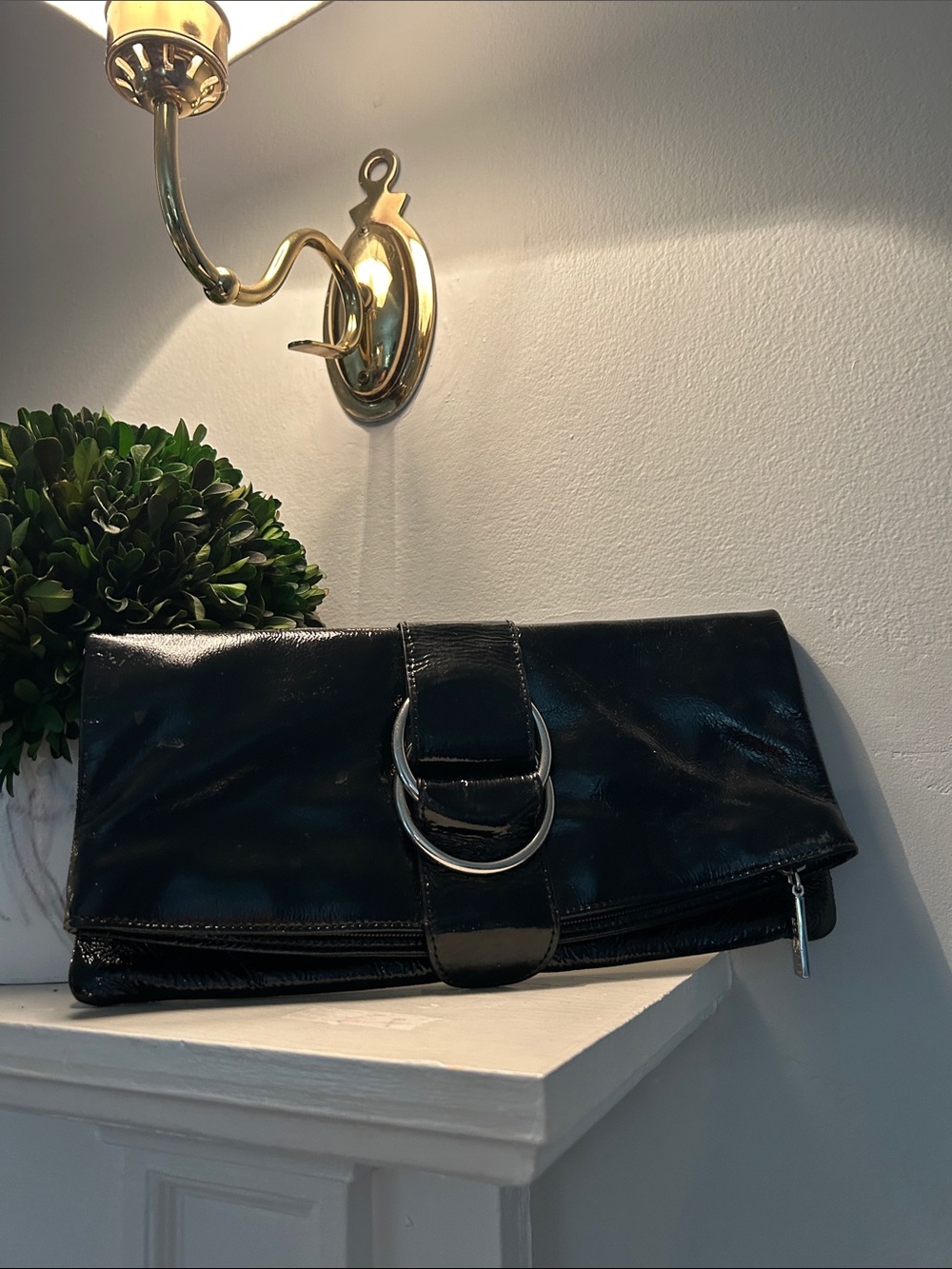 HOBO Black Fold-Over Clutch with Silver Ring Detail